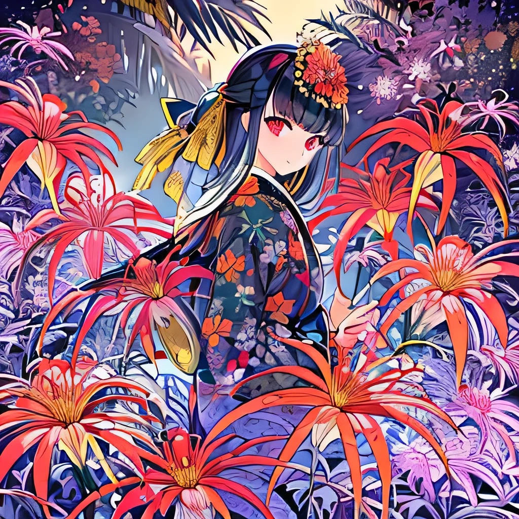 highest quality, Super quality, 16k,  Hell Girl、Very detailed, delicate and dynamic, Rainbow-colored spider lilies blooming on the banks of the Sanzu River under the moonlight、Black and red Japanese kimono