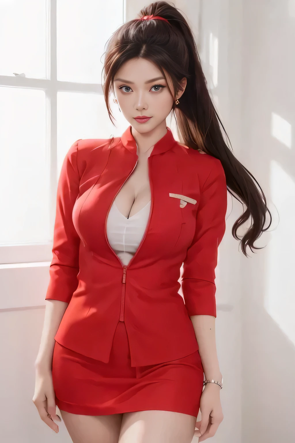 AirAsia red jacket uniform、Long hair down to the legs、Dark brown hair、Hair tied up、Tie your hair back in a ponytail、ponytail、Red rubber band、Luxury earrings、Captivating look、Blue Eyes、22 year old Asian female