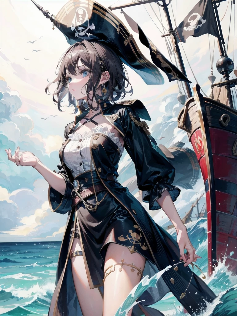 absurdres, RAW photo, extremely delicate and beautiful, masterpiece, Best Quality, ultra high resolution, 32k, hyperrealistic, ultra-detailed, perfect figure, tearful mole, earring, whole body shot, short medium hair, wavy hair, Practical pirate clothing, Long-sleeved pirate top, Skirt,Torn pirate hat, ghost ship,