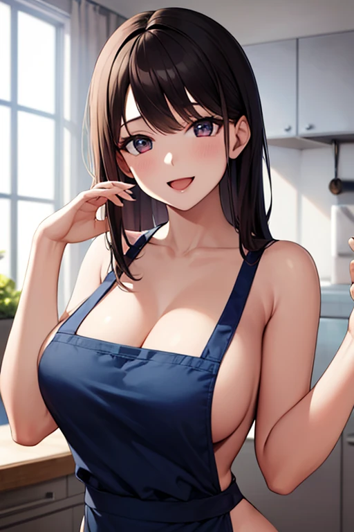 One Woman, highest quality, Large Breasts, Beautiful breasts, high school girl, smile, Open your mouth, Upper Body, Naked Apron, Completely naked, 