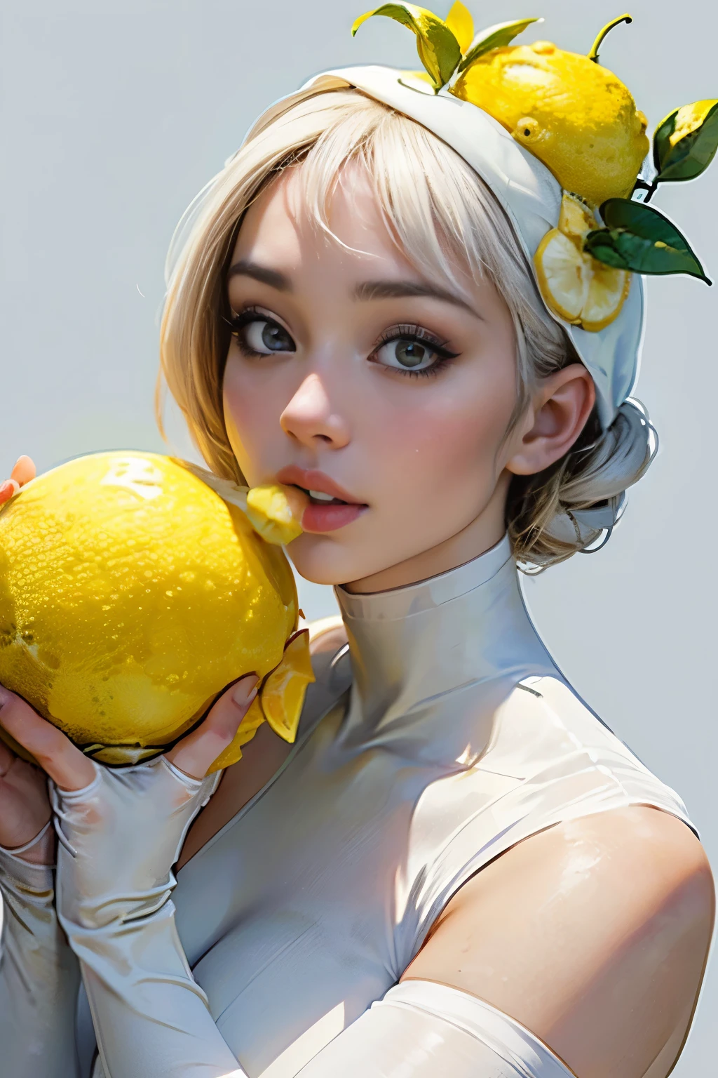 Young and stunningly beautiful woman、(Portrait、Wearing white tights:1.5)、(Wear a big lemon on your head:1.75)、Eating lemon