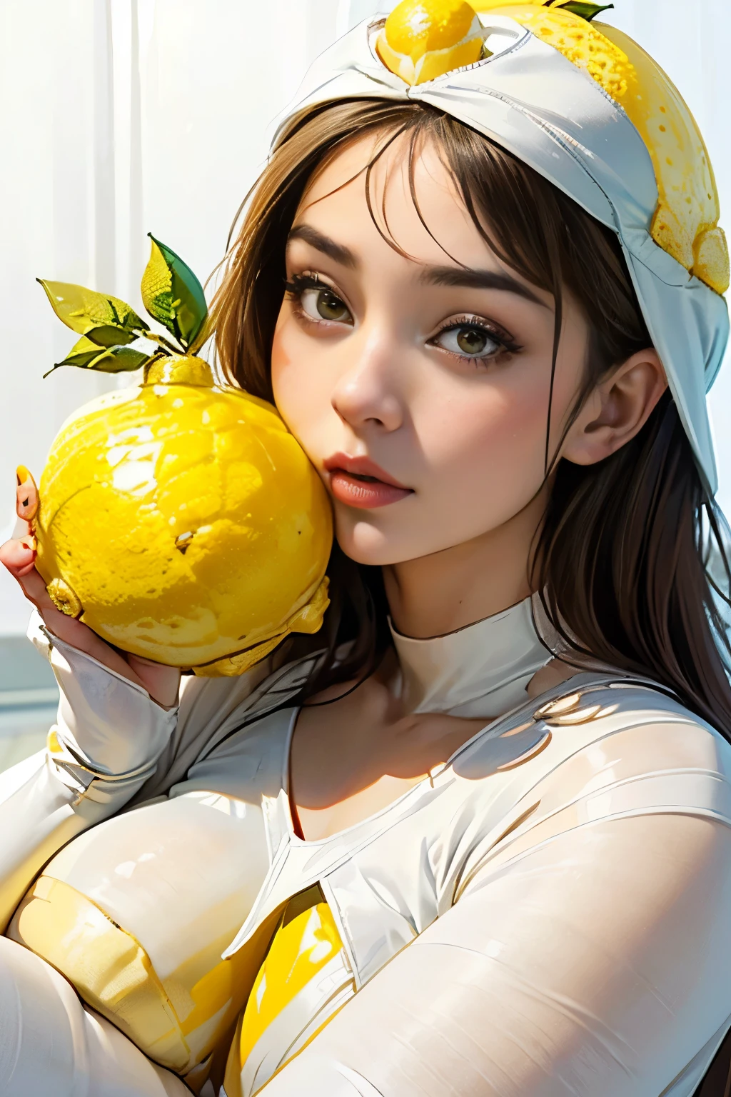 Young and stunningly beautiful woman、(Portrait、Wearing white tights:1.5)、(Wear a giant fake lemon over your head:1.75)、Eating lemon