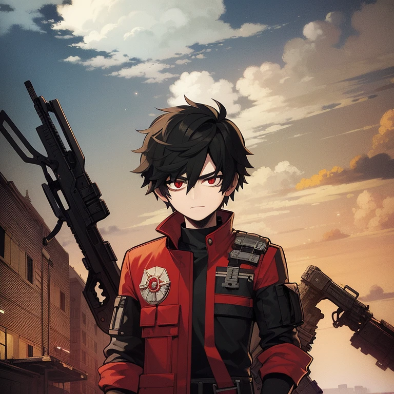 ((highest quality)), ((masterpiece)), (be familiar with), 1 male, alone, Black Hair,Spiky Hair,cargo pants,Red jacket,Black Shirt,Large,Fingerless Gloves, cyber punk,SF
