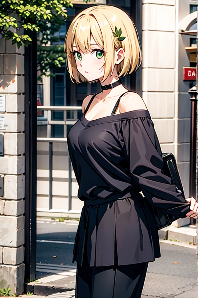 kawaii,cute,
1 girl, solo,
Blonde hair, pixie cut, bangs, hair ornament,
Green eyes,
point finger,
close view, from adove,
serious,
With off shoulders and black pants
Medium breasts,
BREAK
simple Paris France College School background 