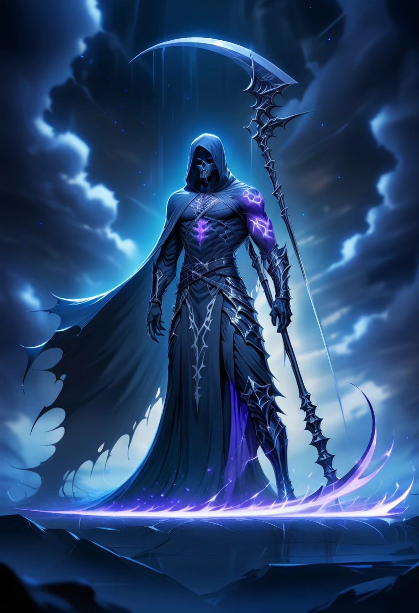 masterpiece, best quality, very beautiful, absurd, The black Grim Reaper descended silently from the sky with his scythe, hoodie, boots, Tattoos and purple auras,