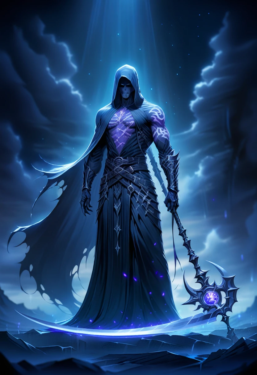 masterpiece, best quality, very beautiful, absurd, The black Grim Reaper descended silently from the sky with his scythe, hoodie, boots, Tattoos and purple auras,