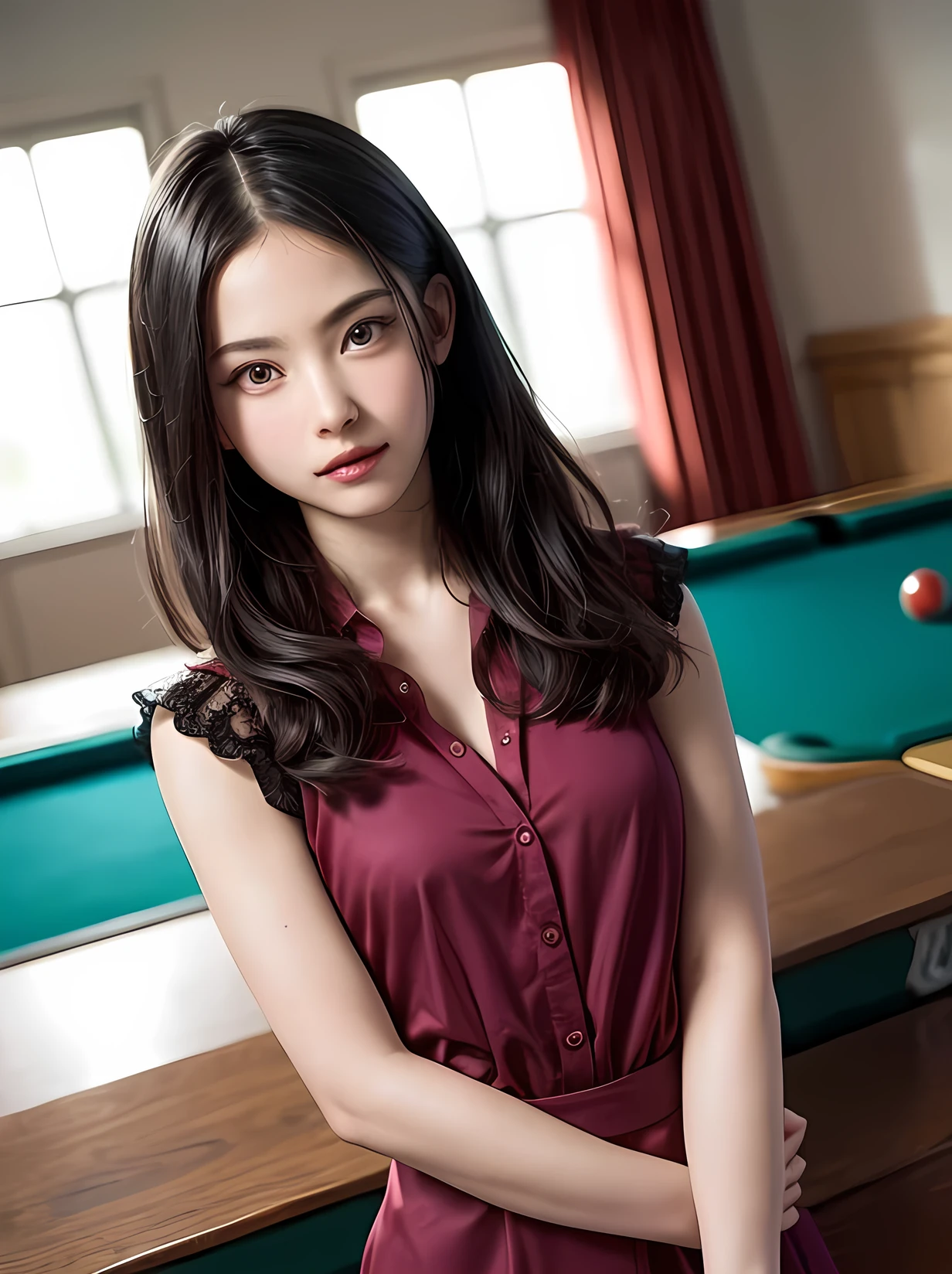 (software:1.8, masterpiece, highest quality), 1 girl, alone, hyper Realistic, Realistic, Realistic, Looking at the audience, a woman in a red dress standing over a pool table with a cue, 1girl, solo, black hair, shirt, long hair, realistic, looking at viewer, red shirt