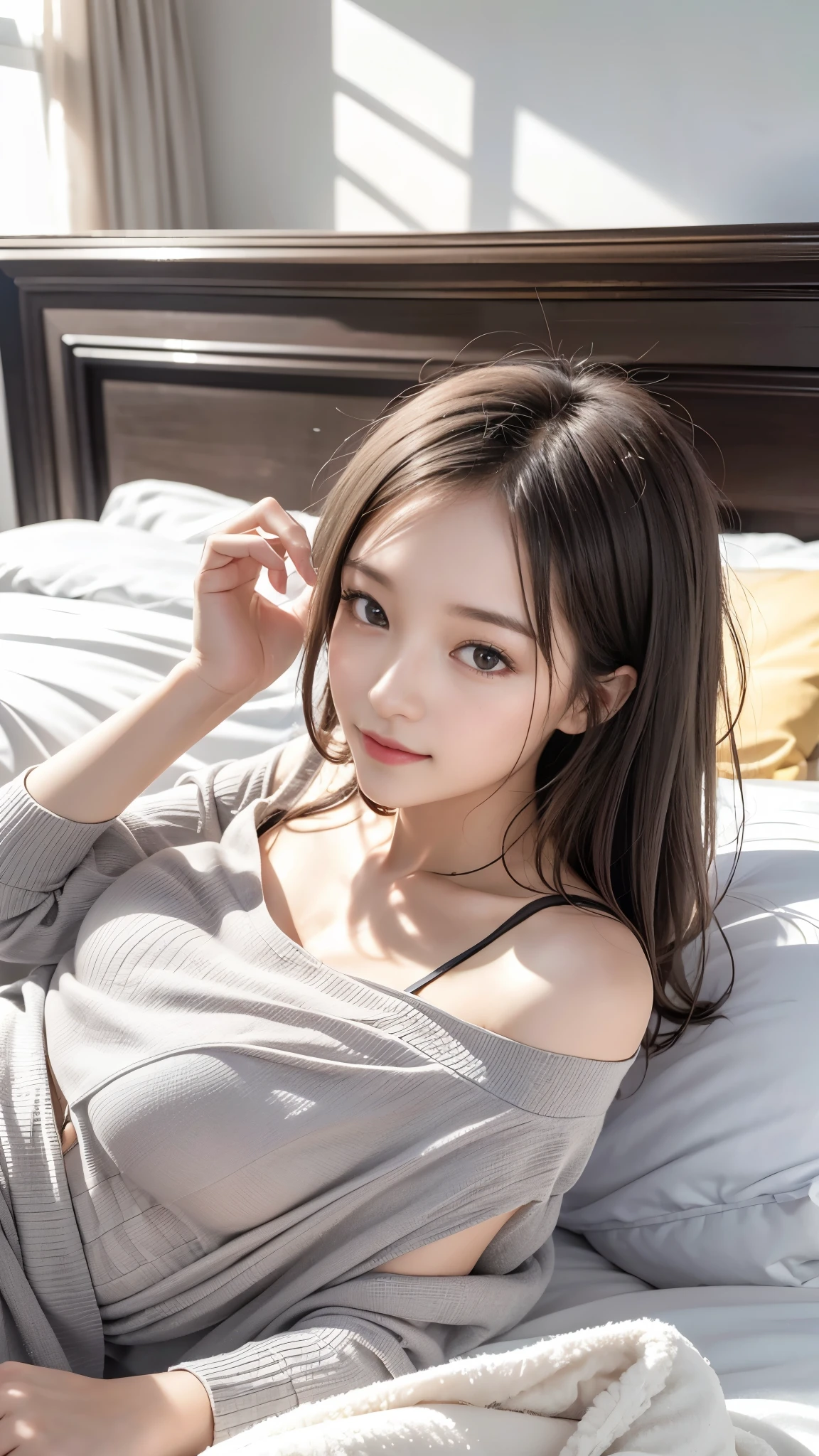 Beautiful girl lying in bed, Looking at the viewer with hands over face, ((Prone)), I am very fond of you., Small and slender figure, Slim body line, (Large Breasts), (Unprotected chest), (Estrus:1.3), (Beautiful gray hair:1.3, (Idol Face)