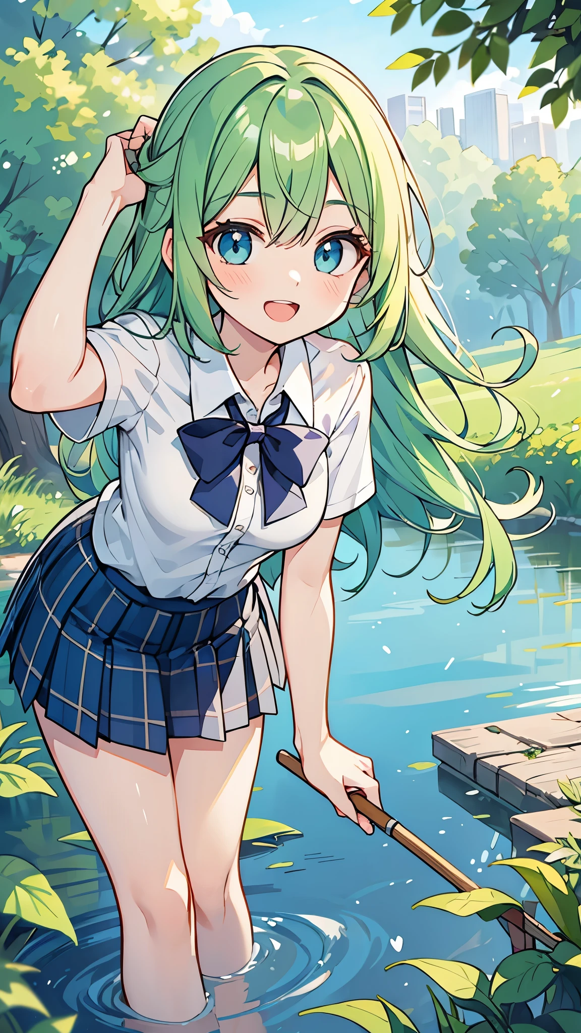 ((A Pretty girl with green hair and blue eyes)), ((wearing the white collar shirt and plaid skirt)), Baby face, ((top-quality, master piece, ultra-definition, high resolution)), anime girl, ((ultra-detailed illust:1.2)), only one person, bangs, hair between eye, beautiful hair, Beautiful eyes, medium breast, Big smile, opened mouth, barefoot, in the river, countryside, ((leaning forward:1.2)), combing hair