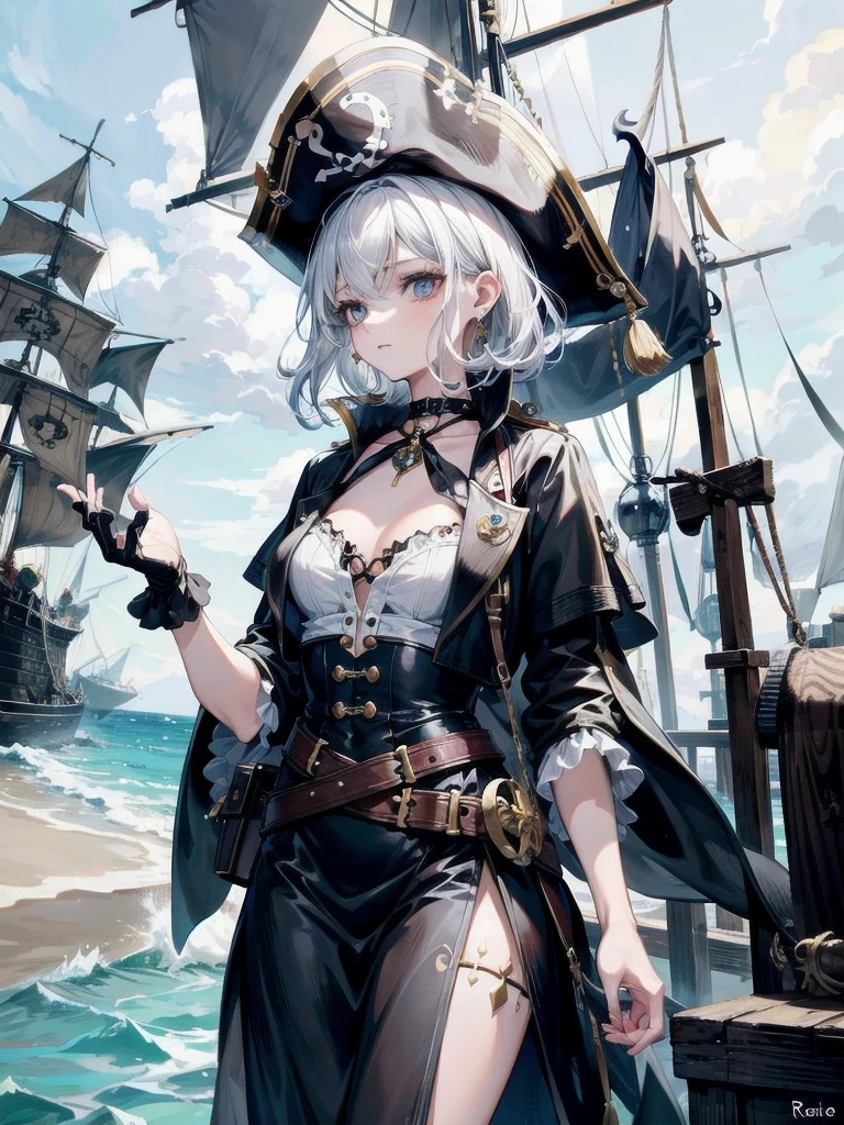 absurdres, RAW photo, extremely delicate and beautiful, masterpiece, Best Quality, ultra high resolution, 32k, hyperrealistic, ultra-detailed, perfect figure, detailed description, pale skin, 20 years old, detailed beautiful face and eyes, tearful mole, earring, short medium hair, wavy hair, full body, a pirate girl, long eyelashes, pirate hat, pirate outfit, treasure map, pirate ship, rough sea,
