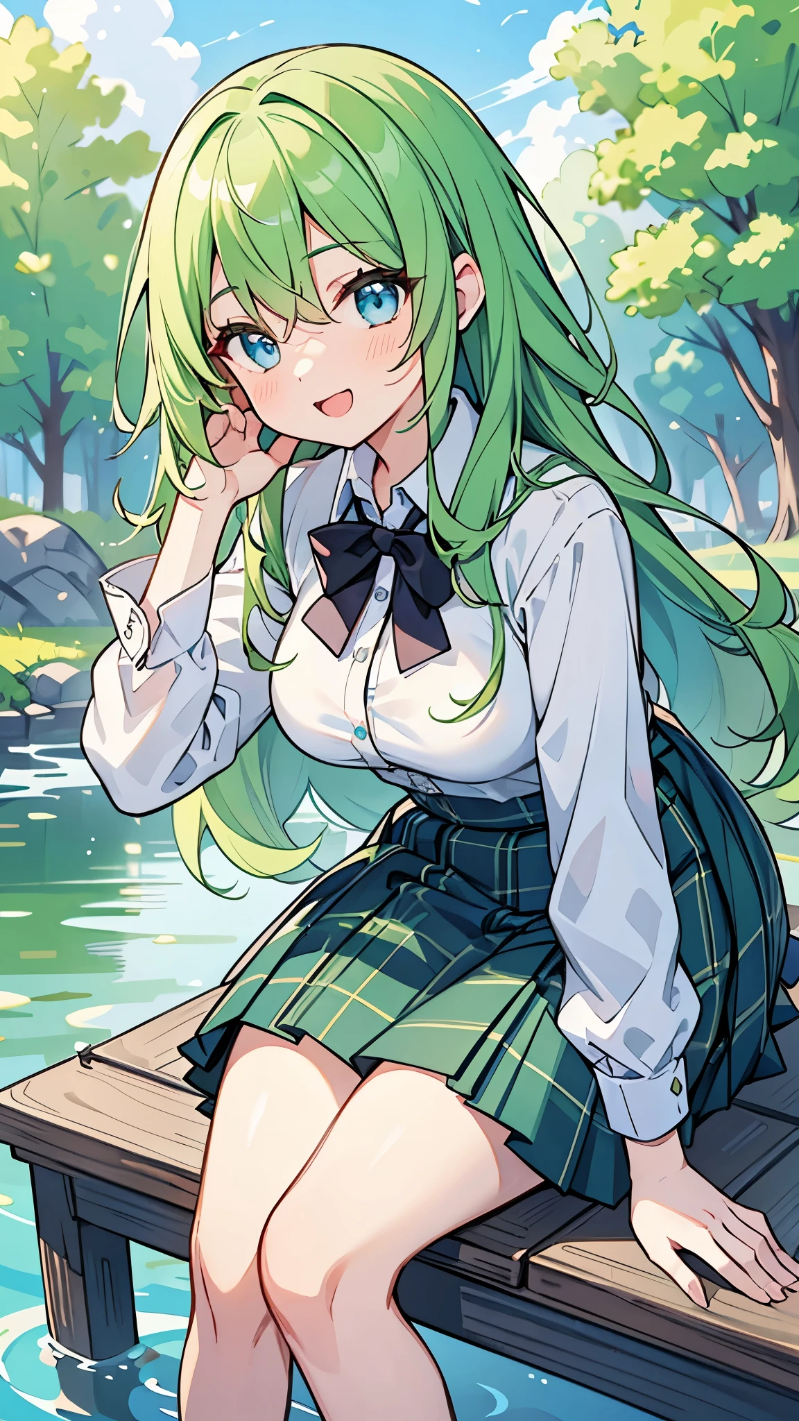 ((A Pretty girl with green hair and blue eyes)), ((wearing the white collar shirt and plaid skirt)), Baby face, ((top-quality, master piece, ultra-definition, high resolution)), anime girl, ((ultra-detailed illust:1.2)), only one person, bangs, hair between eye, beautiful hair, Beautiful eyes, medium breast, Big smile, opened mouth, barefoot, in the river, countryside, ((leaning forward:1.2)), combing hair