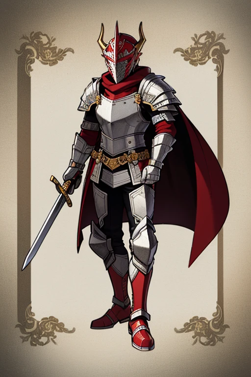 ((highest quality)), ((masterpiece)), (Familiar), One man,Fantasy,Red Knight,Full Body Armor,Red Armor,Red Armor,Golden decoration,White pattern,Full-face helmet,Two-horned helmet,大sword,sword,Cape,shield