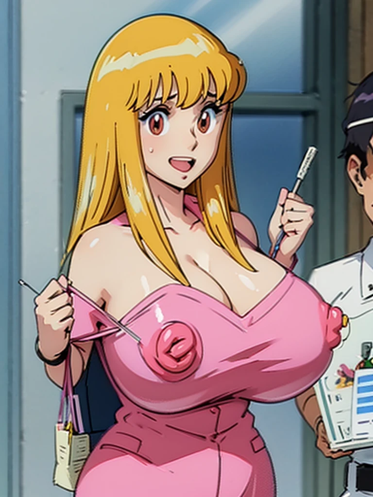 (Reiko Akimoto), (naked, pink skirt), embarrassing big smile, (masterpiece, best quality), delicate illustration ultra-detailed, (h(sagging gigantic huge breasts))), (in street, crowded), ((showing hairy armpit hair)), (upper body only), sweating, hand behind head, hairy stomach hair, bukkake, cum shot, hentai atmosphere, blonde, huge butt, (dark nipples), 8k, anime