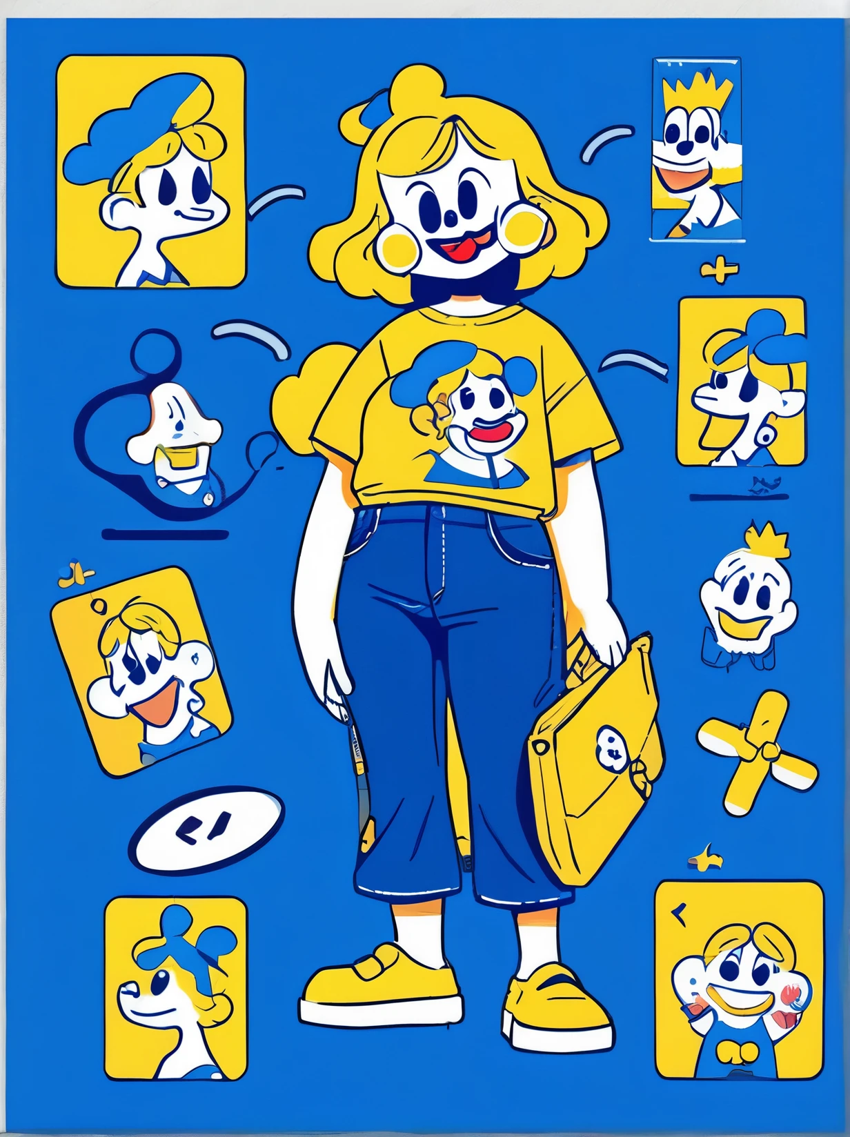 clown cartoon character, wearing blue pant, yellow t shirt,have big belly,ftty,chubby, disney style,various poses, character sheet, full body turnaround, front pose, side pose, bacl pose, threequarter pose