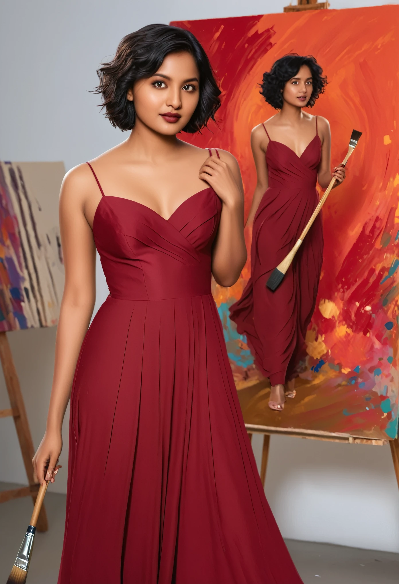 detailed illustration of a South Asian woman with short, wavy black hair and warm brown skin. She has a determined expression on her face and is wearing a flowy, crimson dress with a fitted bodice. She stands confidently with one hand on her hip and the other holding a paintbrush in front of a large canvas in a brightly lit art studio.
