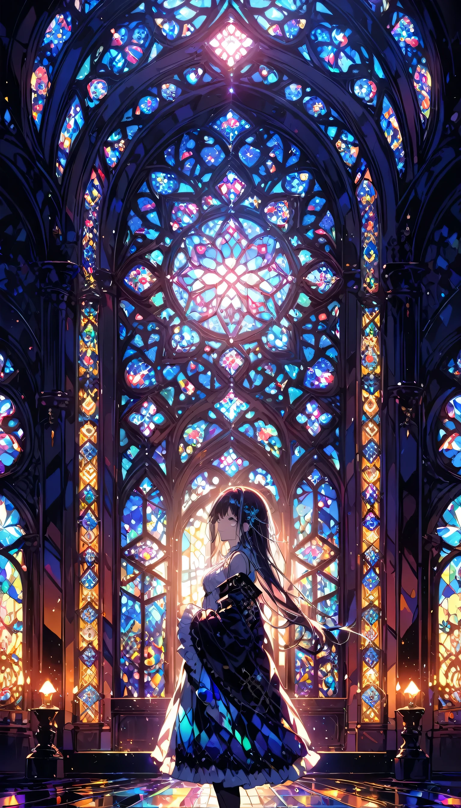 (masterpiece, highest quality, highest quality,Official Art, beautifully、aesthetic:1.2),(One girl:1.3), One girl BREAK stained glass art, Colored Glass, Lead wire, Light transmission BREAK Vivid colors, Intricate Design, Glowing effect, Spiritual atmosphere