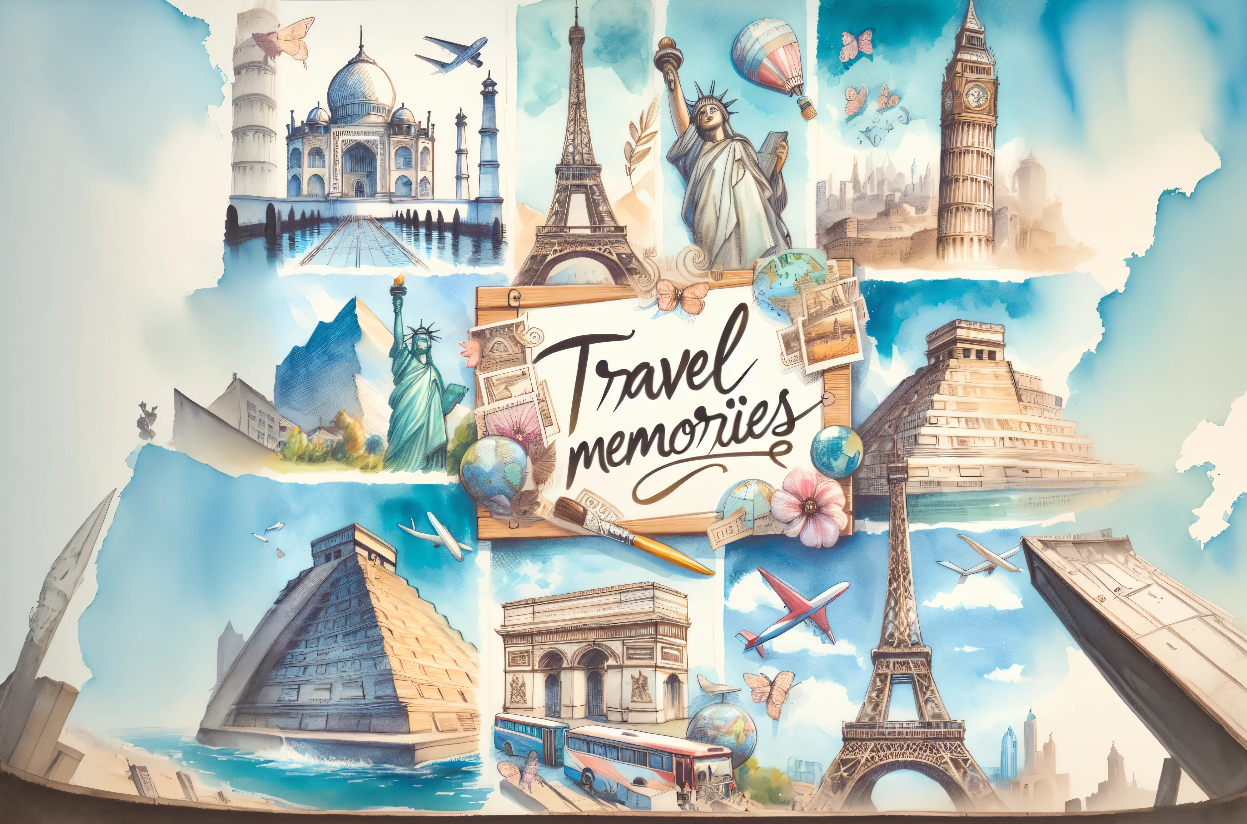 arafed image of a collage of travel Memories, travel and adventure, piece of art, travel poster, travel, watercolor illustration style, Memories, travel ad, beautiful high resolution, fond Memories, monuments, watercolor detailed art, travel guide, Tom Wenerstrand, travel photography, watercolor illustration, Watercolor painting style, Author: Jack Kemp, Teresa Nielsen