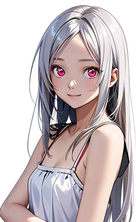 (Photorealistic:1.4)、asuna,(masterpiece、Side light、Exquisite beautiful eyeonochrome:1.5,portlate、)、Cute Face、 3D Face、(white hair:1.5、Straight Hair)、(1 Girl)、(Red eyes:1.2)、(upper body)、(Sundress)、 (Cute face:1.2),(light smile:1.2),kind face,(Small breasts),(white background:1.5)、(glowing eyes:1.3)、()、 Neat and clean、Adorable、Slim Body(Tareme:1.5),Shiny Hair、(Glowing pink Skin)、Nijisketch,Manga,zydG