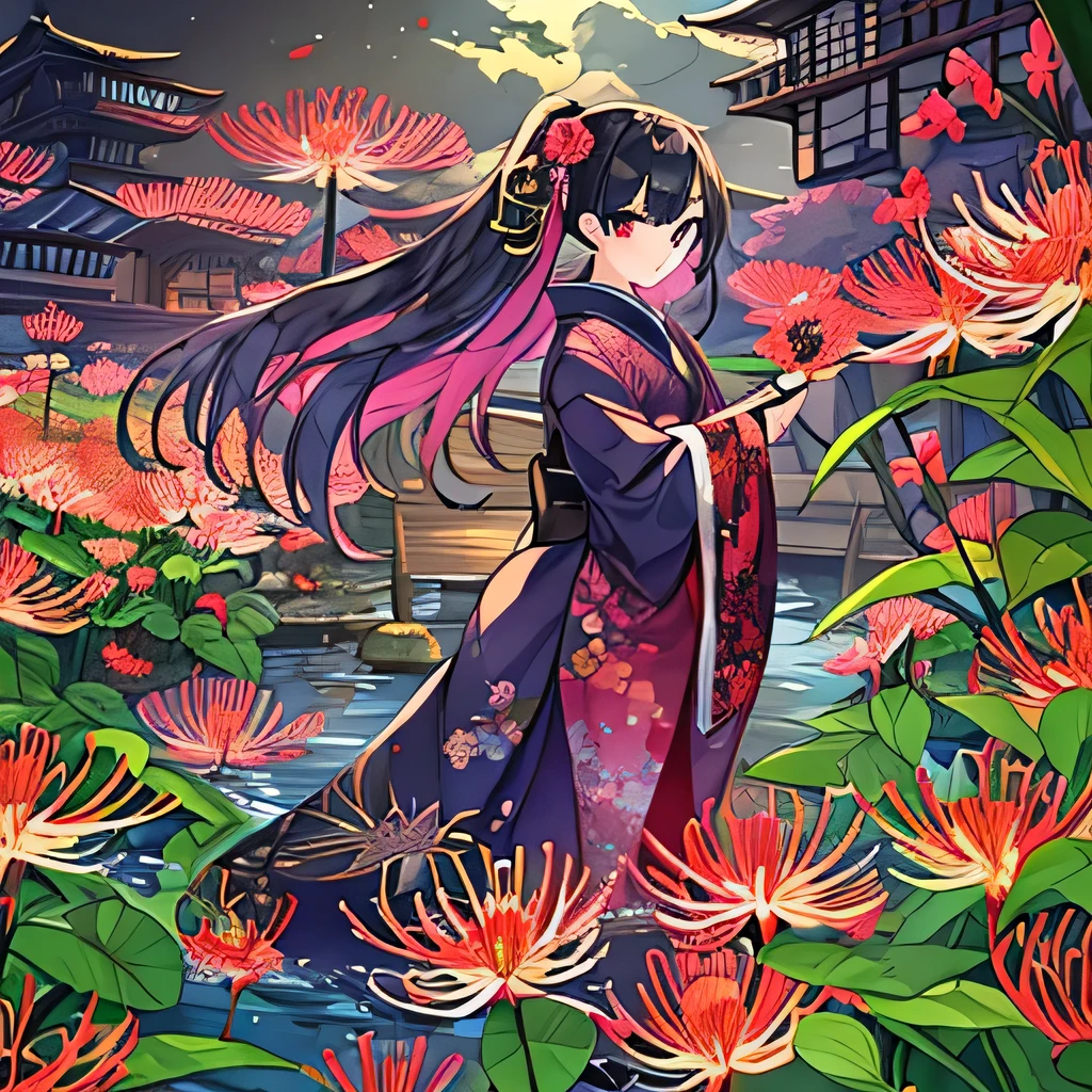 highest quality, Super quality, 16k, Hell Girl、Very detailed, delicate and dynamic, The banks of the Sanzu River illuminated by the moonlight、Rainbow spider lilies in full bloom、Black and red Japanese kimono