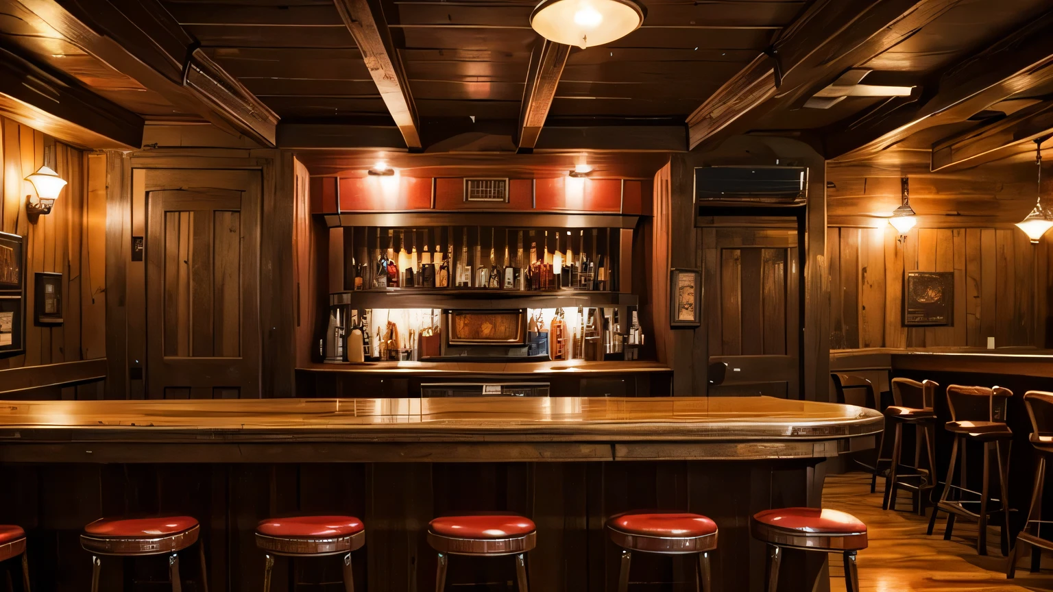 An old jukebox is installed, giving the impression of a live stage in an old southern bar. The bar is lined with wooden counters and stools, and the overall warm colors create a nostalgic and chic atmosphere.