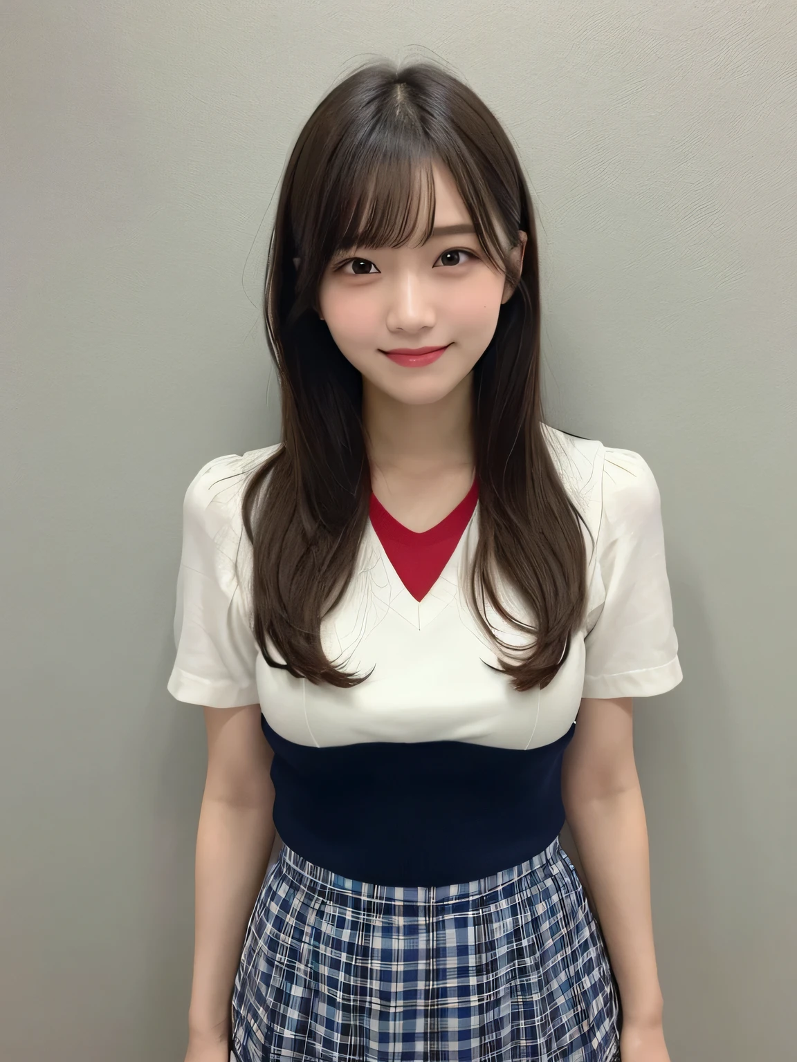 In detail,Full body photo、 One high school girl、High resolution, high quality、Slim body、Perfect dynamic composition, Beautiful fine details, Natural Shorthair、Natural color lip,Kamimei、、Clear Skin、Navy blue sailor suit with short sleeves、Red mini skirt、Thighs、Shiny Hair、最high quality, figure, Very detailed, In detail, High resolution, 8k、The correct state of the human body、Sculpture model pose,Yellow wall,Thighs are visible、smile、