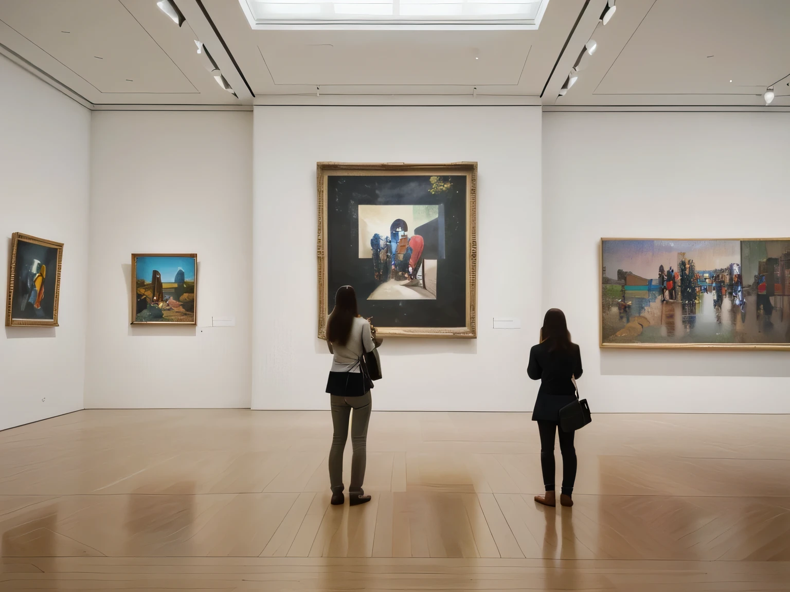 angle view of interior of modern art museum, people looking at paintings , close up