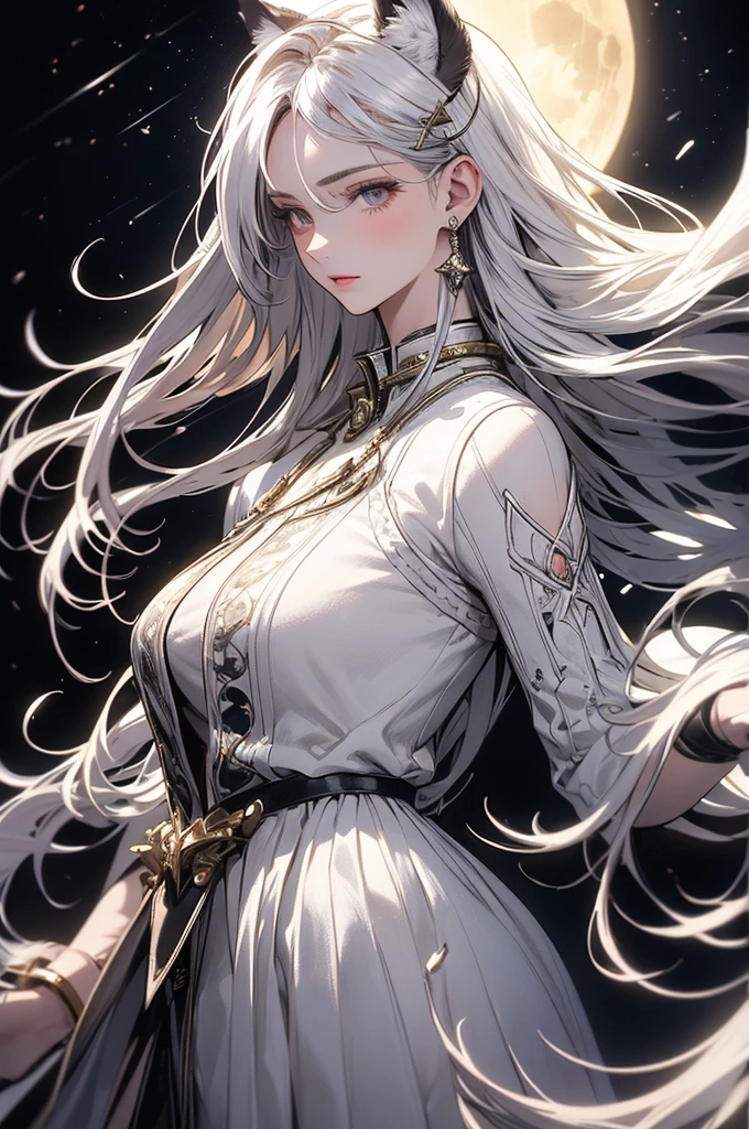 ((masterpiece, highest quality)),Ultra-high resolution, (realism: 1.4),Best illustrations,Line art,Very condensed adult female,Delicate and beautiful features,Slit eyes,Sharp face,A white coat with extremely detailed wrinkles,Silver Hair,Wolf ears,Big tail,Fantasy,The background is a full moon and wilderness,wide aperture,Unreal 5,Scattered beneath the surface,Anatomically correct,Low angle full body shot