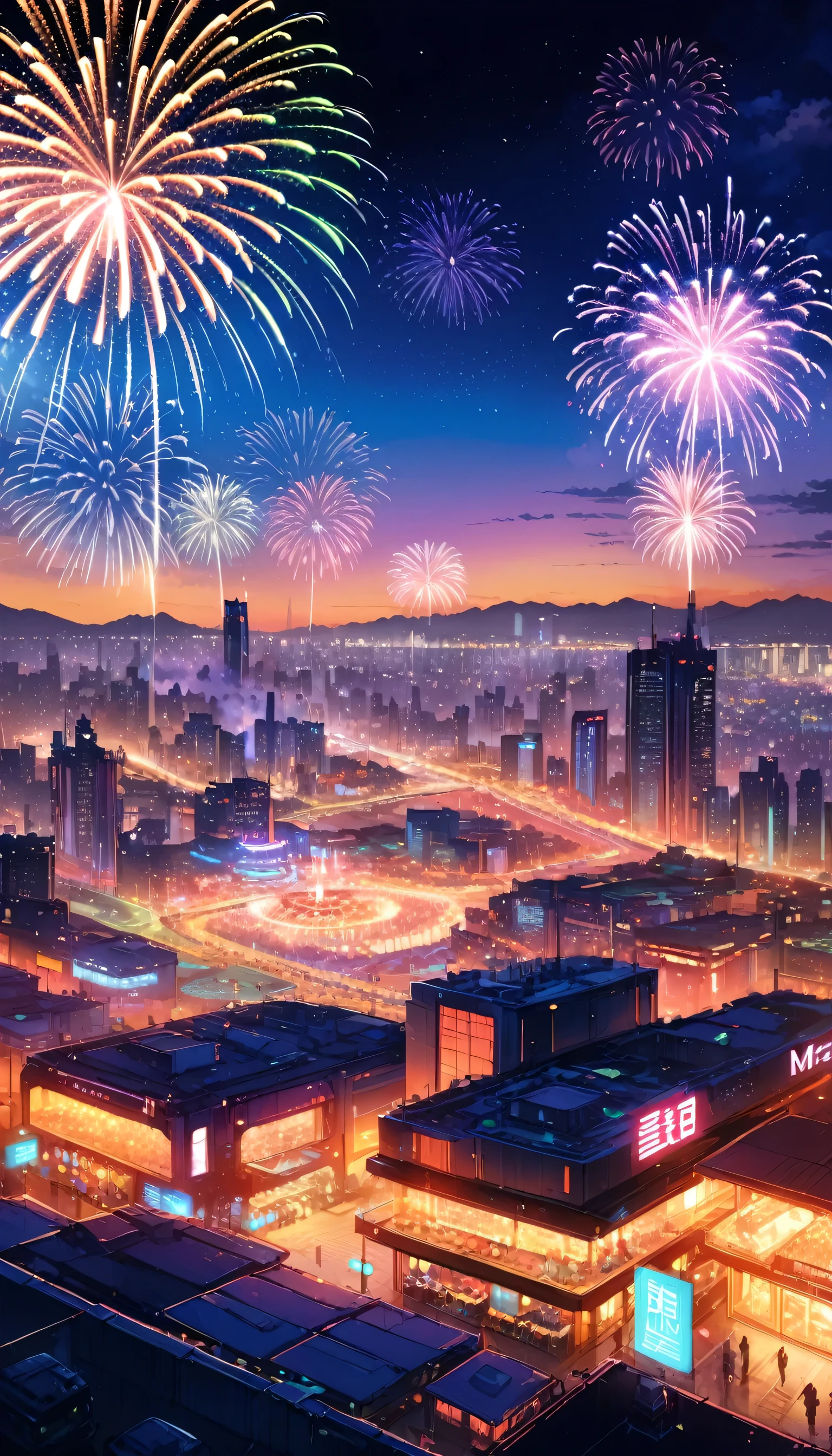 ((masterpiece)),((highest quality)),((High detail)),((Realistic,)) Future City, Architecture Street, Bazaar, cyber punk, European architecture, night, neon, Panorama view, Mr.々Building, new year, firework, Panorama, colorful firework, sky with firework, landscape, Detailed face, Detailed bright eyes, Highly detailed eyes