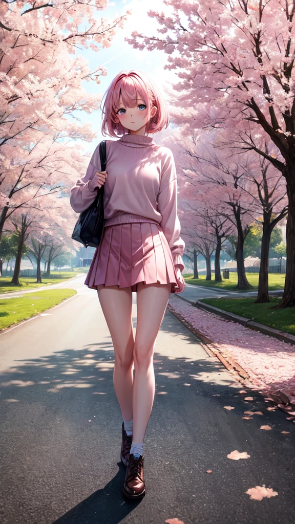 masterpiece, best quality, ultra-detailed, illustration, wide angle, 1girl stand in the middle of road, solo, road in the middle and pink cherry trees on roadside, full body, 20 yo, pink hair, sweater, short skirt, fashion,, composition, balance, harmony, rhythm, color, light, shadow, reflection, refraction, tone, contrast, foreground, middle ground, background, naturalistic, figurative, representational.