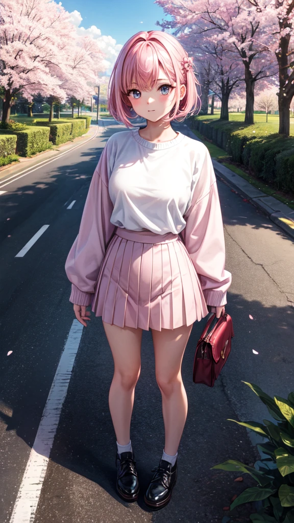 masterpiece, best quality, ultra-detailed, illustration, wide angle, 1girl stand in the middle of road, solo, road in the middle and pink cherry trees on roadside, full body, 20 yo, pink hair, sweater, short skirt, fashion,, composition, balance, harmony, rhythm, color, light, shadow, reflection, refraction, tone, contrast, foreground, middle ground, background, naturalistic, figurative, representational.
