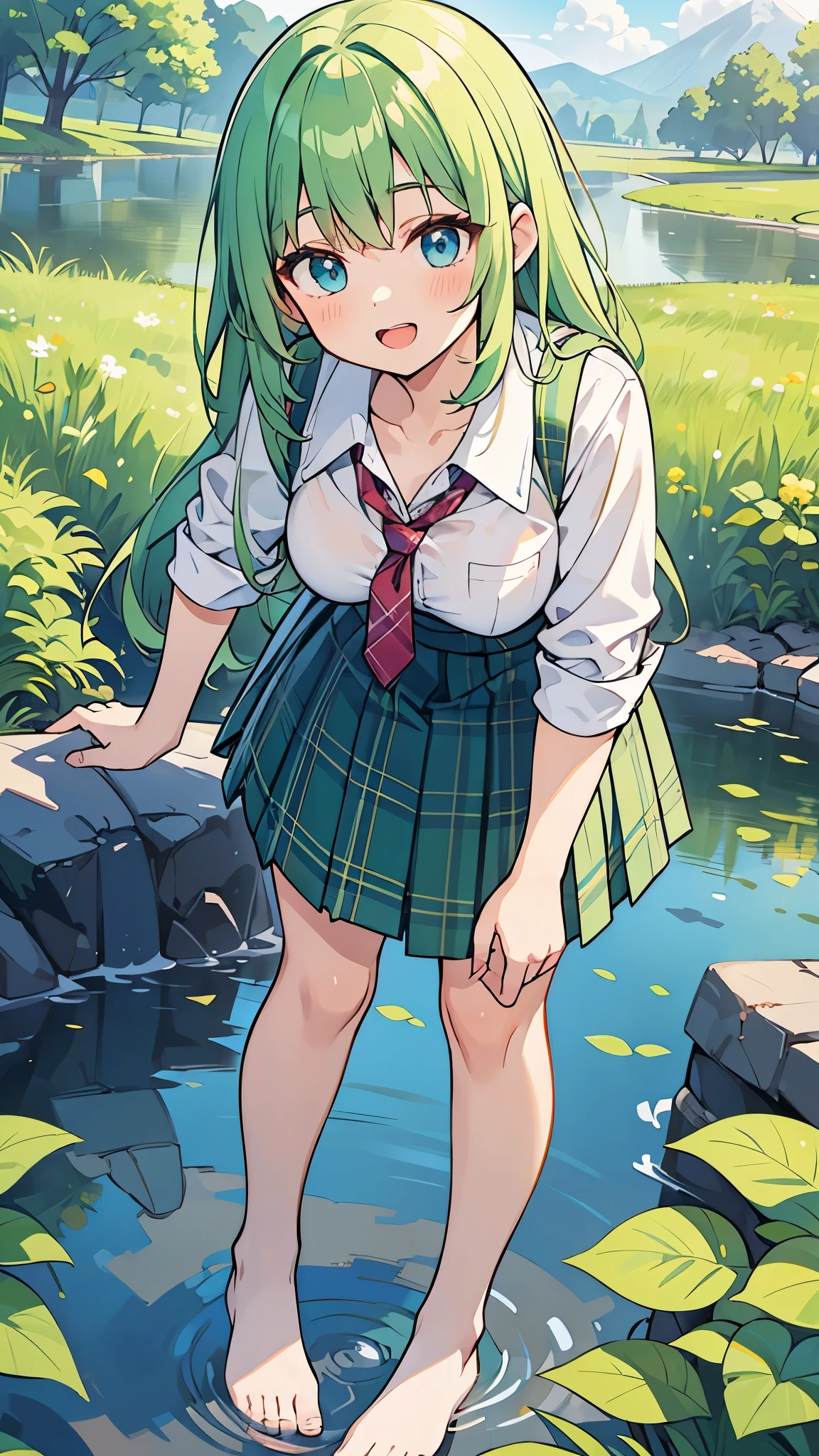 ((A Pretty school girl with green hair and blue eyes)), ((wearing the white collar shirt and plaid skirt)), , ((top-quality, master piece, ultra-definition, high resolution)), anime girl, ((ultra-detailed illust:1.2)), only one person, bangs, hair between eye, beautiful hair, Beautiful eyes, medium breast, Big smile, opened mouth, barefoot, in the river, countryside, ((leaning forward:1.2)), combing hair