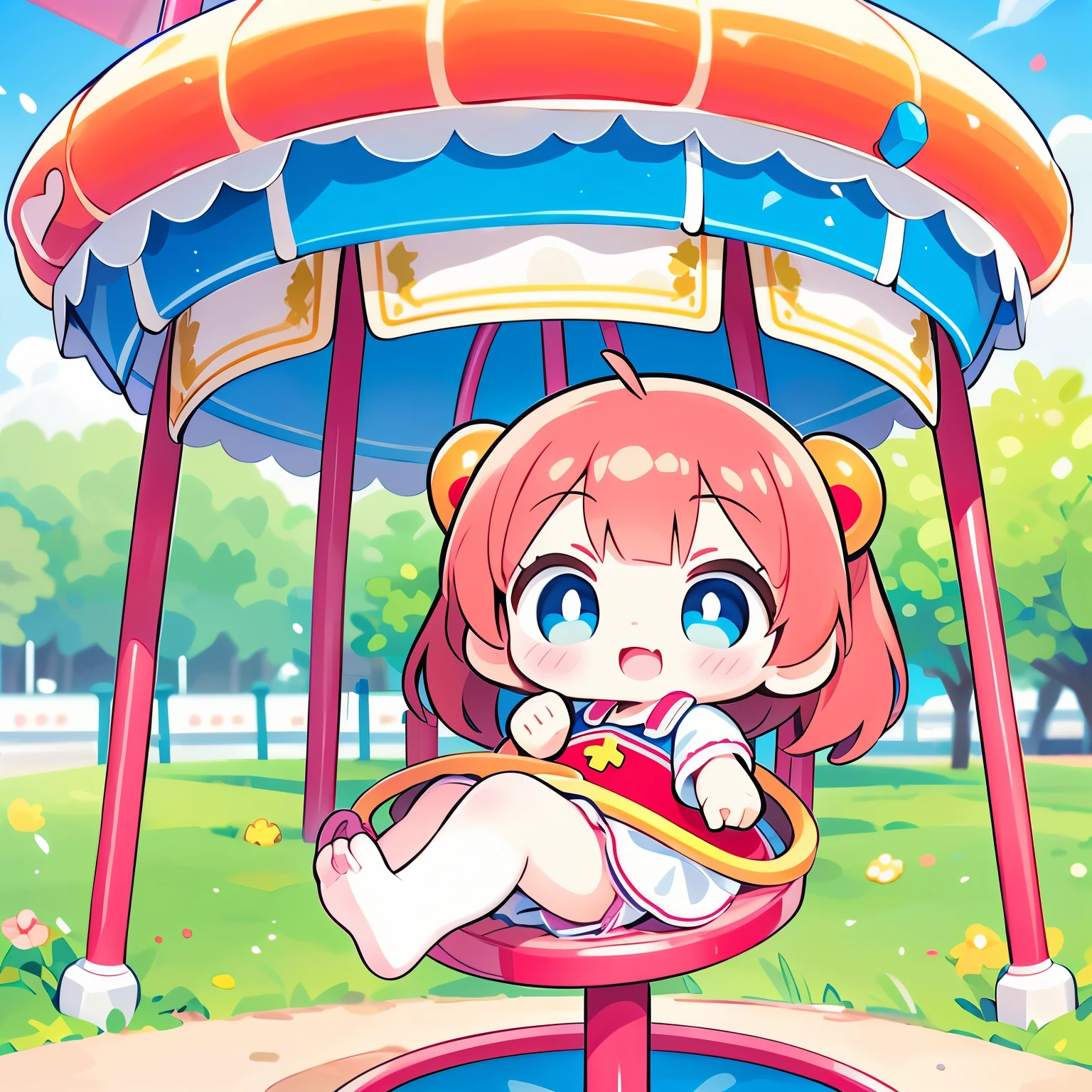 Photorealistic、Chibi Girl Doll(Enjoying the merry-go-round at the amusement park)