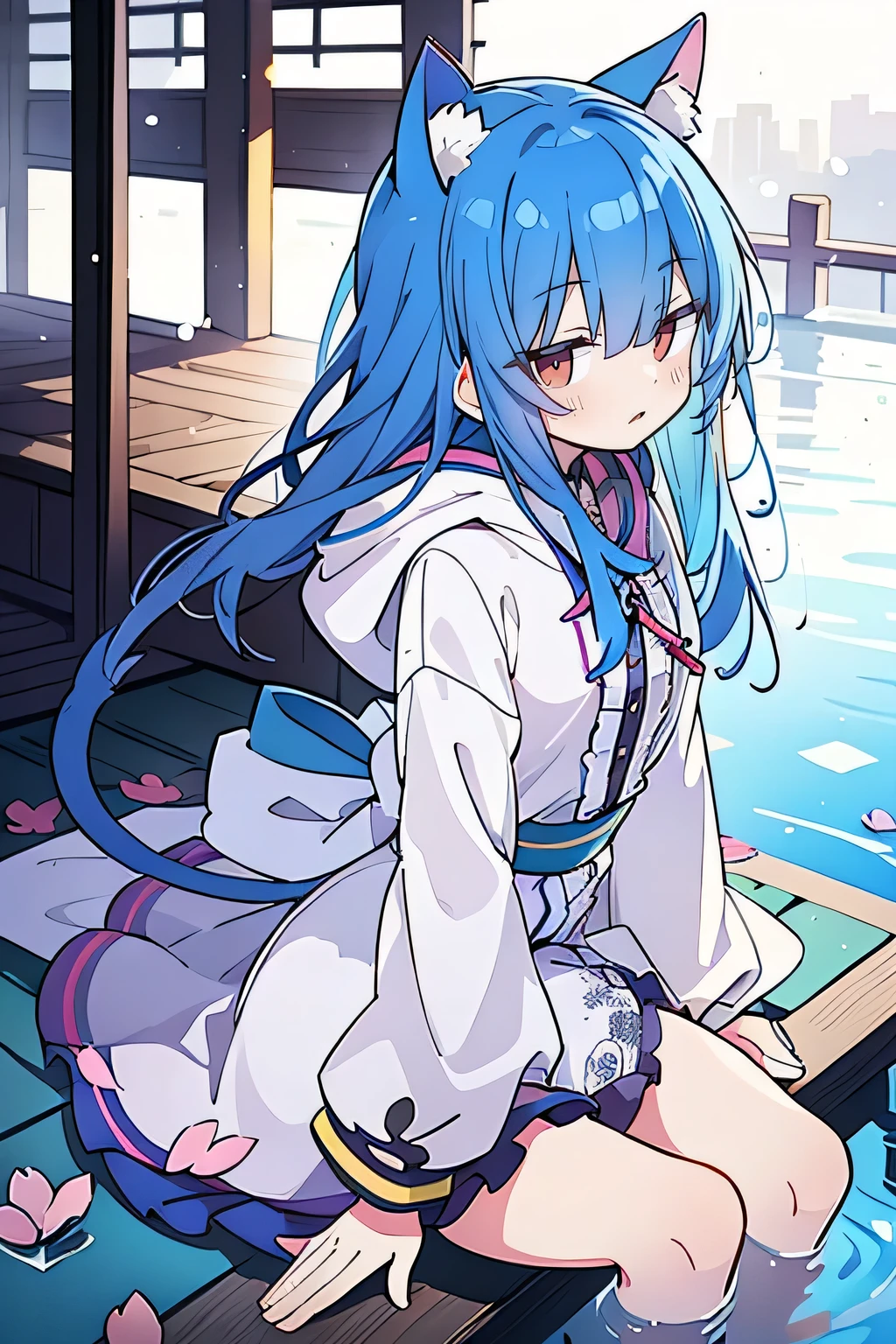 （masterpiece：1.2），Super detailed，lifelike，Expressive eyes，fair skin，perfect face shape，1 girl，
Japanese comics,Gorgeous blue hair,flowing blue hair,flowing clothes,Cat ears,Petals fall,beautiful lola,Baby Angel,
Shaking head with one hand，Cross your legs，Gentle and peaceful background，The pavilion is cool and comfortable,smile, wearing hoodie, background of tokyo,back views,snowing, winter,lie on the water. 