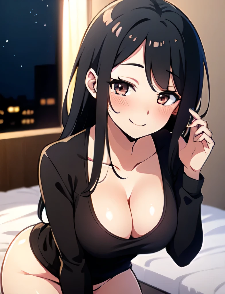 anime girl lying on bed. background (a bedroom, bed), night, (1girl), long black hair, brown eyes, detailed eyes, wearing longs sleeves shirt, no pants, black panties, hyper-detailing, (:1.5), smile, blush, masterpiece, no panties, sexy, ass, On all fours, cleavage