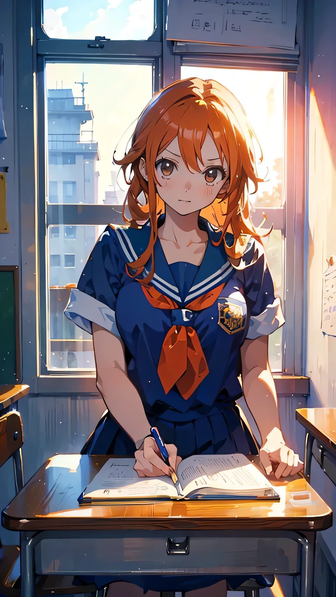 masterpiece, highest quality, One girl, View Viewer, one piece,, Nami OP, , School, School desk,, alone,