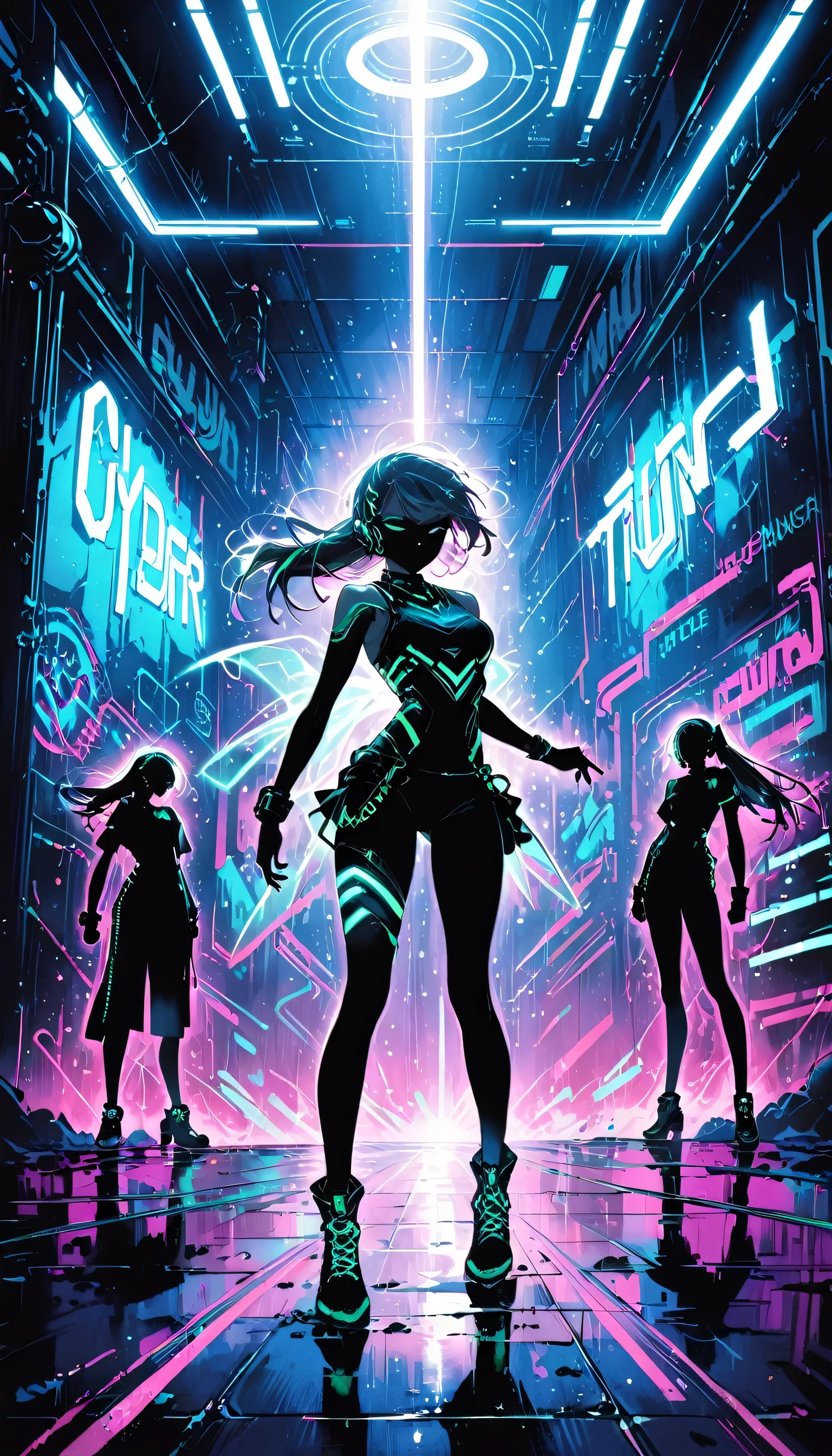DemiHawks, Urban sprawl, woman, urban dance clothing, Dramatic lighting, High Contrast, silhouette, Poster-worthy, Street fashion, graffiti, Neon Light, Shadow, Dystopia, cyber punk, Futuristic, Science fiction, Tron, Blade Runner, Elysium, Westworld, Black Neon, dance, fluid, dynamic, energy, Movement, shape, Performance.