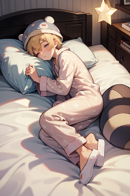 12 year old boy, blond hair, grey eyes, full body, drowsy pajama hat, Racoon pajamas, pajama pants, star pendant, sleepy slippers, bedroom, bed, pillow, plushy, Racoon plushy, daydream,