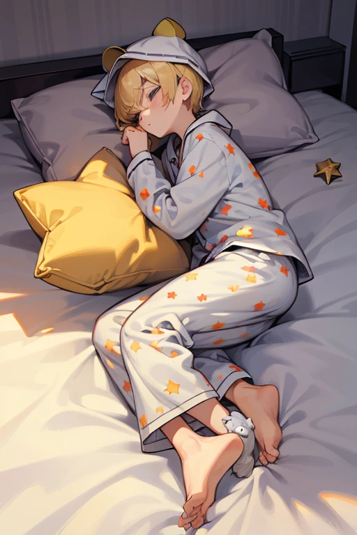 12 year old boy, blond hair, grey eyes, full body, drowsy pajama hat, Racoon pajamas, pajama pants, star pendant, sleepy slippers, bedroom, bed, pillow, plushy, Racoon plushy, daydream,