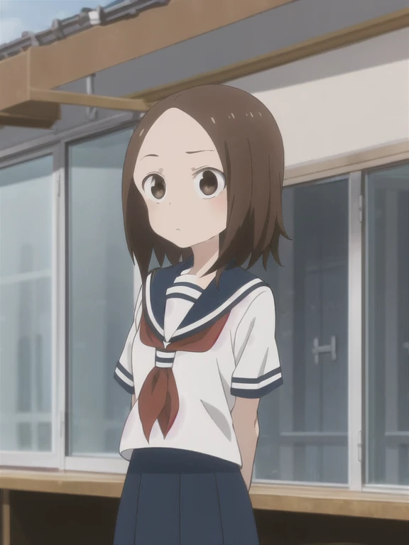 1 Girl, Solitary, brown hair, Parted bangs, forehead, Brown eyes, Expressionless Seto, Sailor collar, Blue skirt, looking at the audience, Short sleeve, outdoor, classroom，By the window，Looking out the window，Back，Rear view,whole body