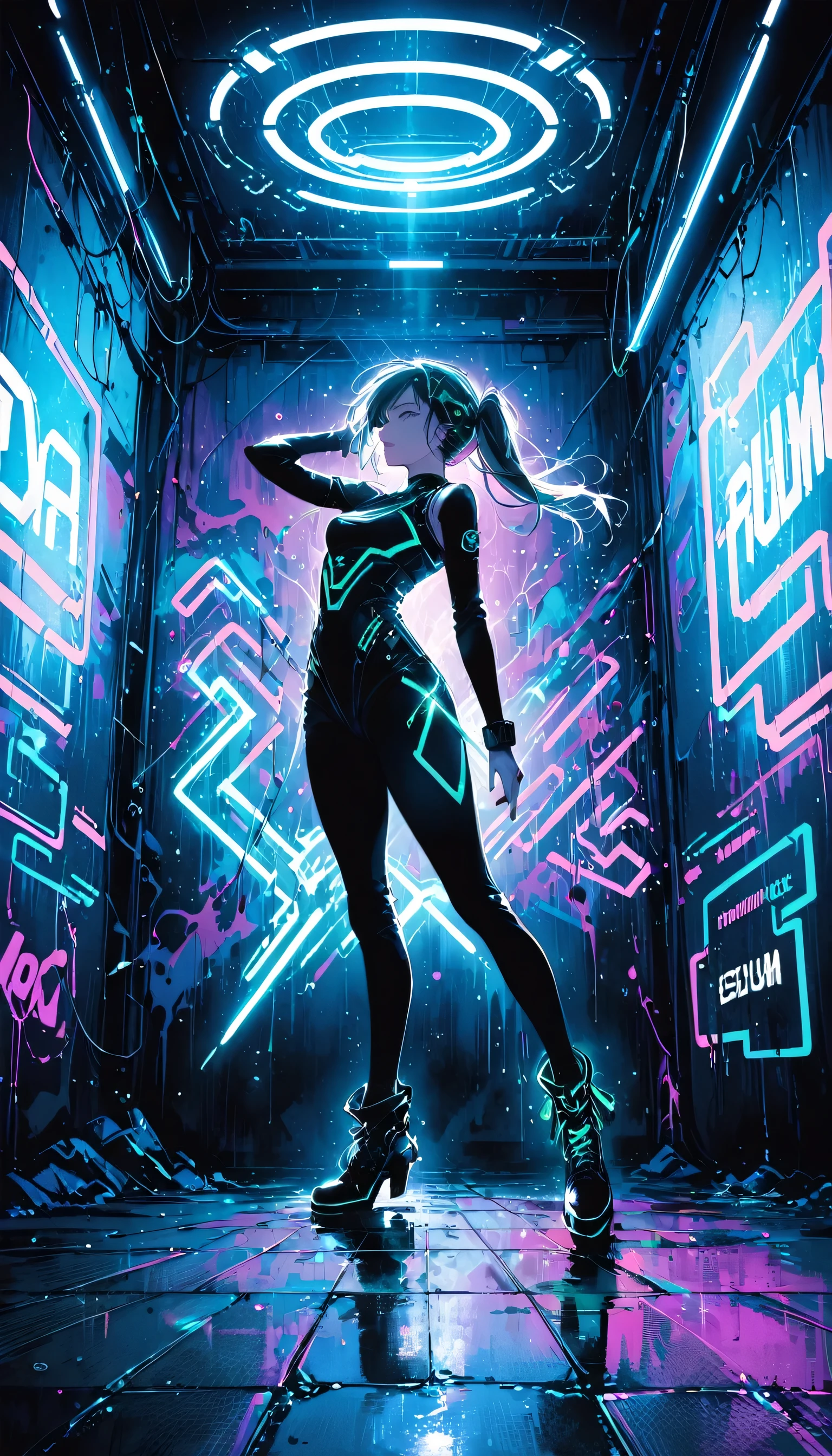 DemiHawks, Urban sprawl, woman, urban dance clothing, Dramatic lighting, High Contrast, silhouette, Poster-worthy, Street fashion, graffiti, Neon Light, Shadow, Dystopia, cyber punk, Futuristic, Science fiction, Tron, Blade Runner, Elysium, Westworld, Black Neon, dance, fluid, dynamic, energy, Movement, shape, Performance.