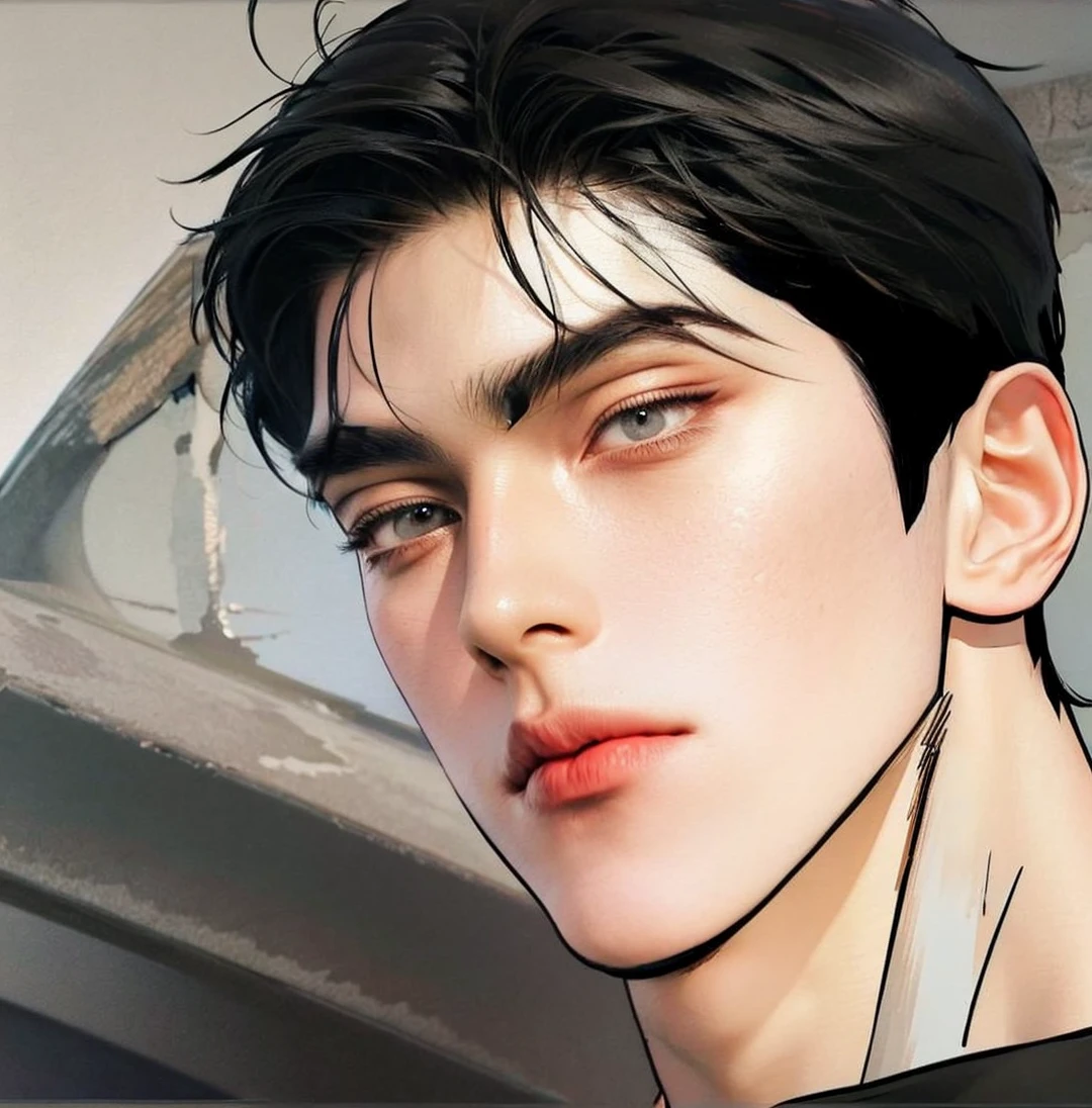 Masterpiece of man, Adult man with firm facial features like an Dutch, black eyes, his nose is sharp, mature, black eyes, neat short black hair, very handsome, white, clean, smooth skin, muscle realistic,