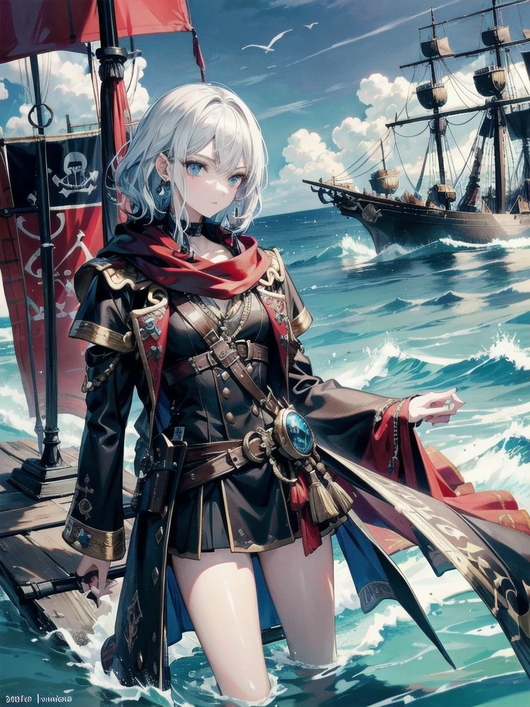 absurdres, RAW photo, extremely delicate and beautiful, masterpiece, Best Quality, ultra high resolution, 32k, hyperrealistic, ultra-detailed, perfect figure, detailed description, pale skin, 20 years old, detailed beautiful face and eyes, tearful mole, earring, short medium hair, wavy hair, full body, a heavily armored pirate, pirate captain, pirate ship, treasure island, detailed metal armor, intricate pirate clothing, bold colors, highly detailed metal textures,worn leather,tattered cloth,glowing magical runes,dramatic cloud formations,rolling ocean waves,treasure chest,gold doubloons,flintlock pistol,cutlass sword,compass