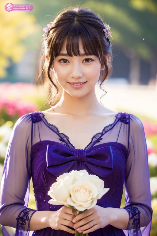 Medium display, Medium Shot, Written boundary depth, bust, Upper Body, Movie angle, masterpiece, highest quality, Very detailed, CG, 8k wallpaper, Beautiful Face, Delicate eyes, Otome, alone, smile, bangs, have,Purple Dress, bow, petal, bouquet
