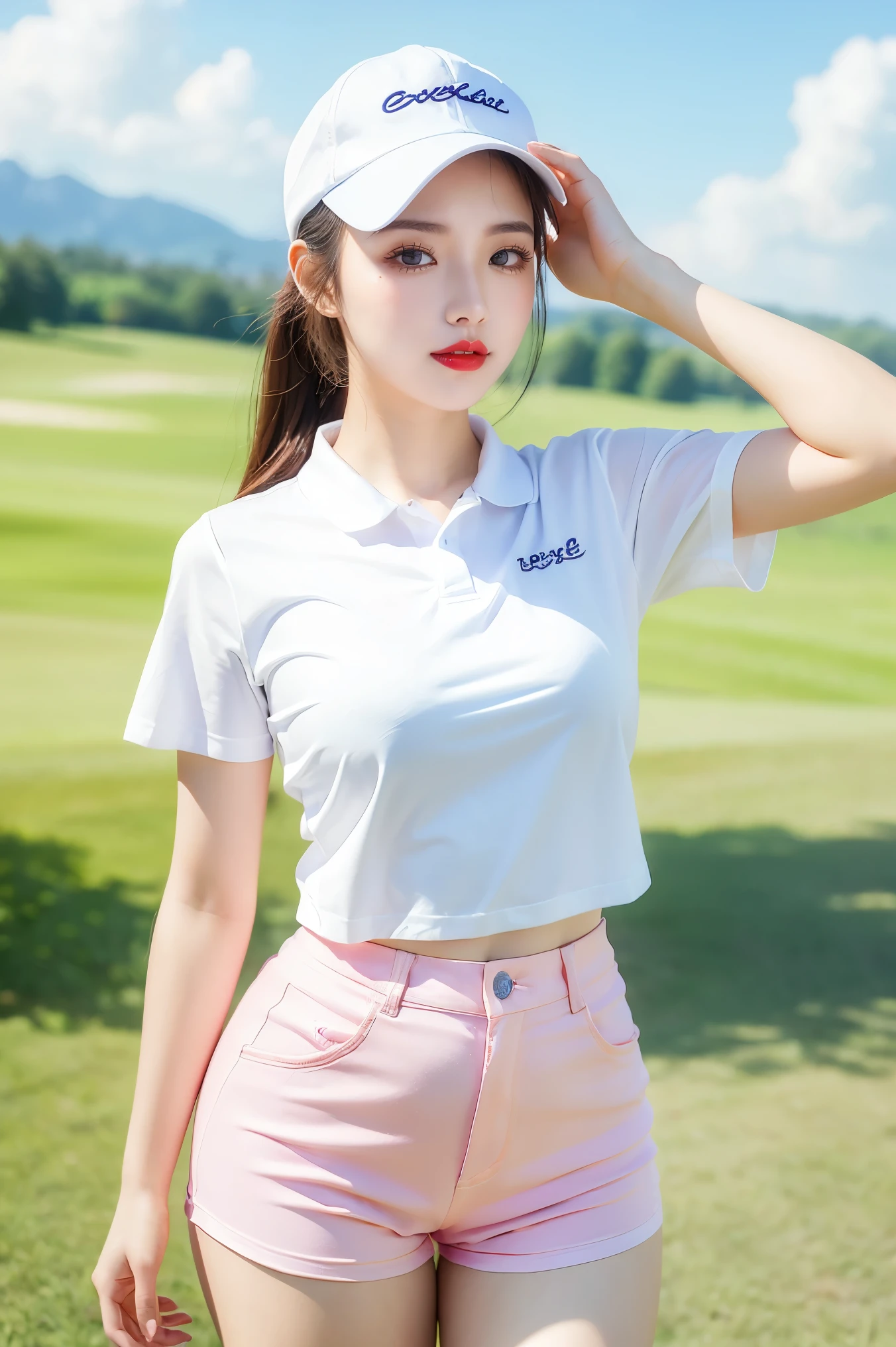 (highest quality、masterpiece、8k、Best image quality、Award-winning works)、(1 female:1.1)、(alone:1.1)、(Perfect Stylish Golf Wear:1.1)、(White and pink gradient golf wear:1.1)、(Shorts:1.1)、 (Golf Cap:1.1)、(perfect long ponytail:1.1)、(Voluptuous body:1.2)、(Very large breasts:1.2)、(Accentuate your body lines:1.1)、(Standing Elegantly:1.1)、(Accurate anatomy:1.1)、The best smile when you see me、The most natural and perfect golf course、Clear, beautiful sky、Beautiful thunderclouds、Beautiful real grass、(Very bright and vivid:1.4)、(Bright and glowing skin:1.2)、(Strongly blurred background:1.1)、Upper body photo、Very bright、Perfect Makeup、Long eyelashes、Bright lipstick、Glossy lips、Ultra HD glossy skin、(Ultra-high definition, bright and beautiful skin:1.4)、超高精細のGlossy lips、Ultra-high definition beautiful teeth