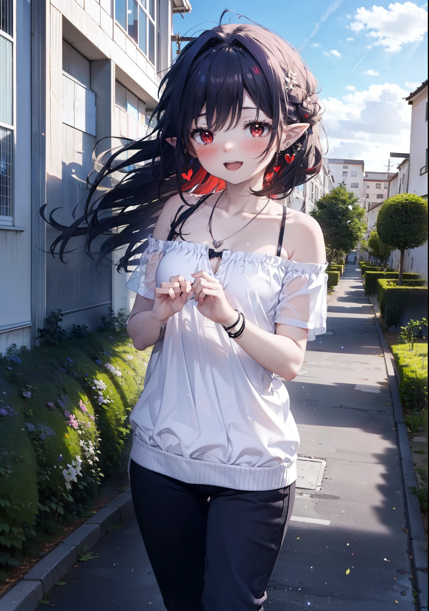 yuukikonno, Yuki Konno, hair band, Long Hair, Pointy Ears, Purple Hair, (Red eyes:1.5), (Small breasts:1.2), blush,happy smile, smile, Open your mouth,Purple cold shoulder top,Short sleeve,skinny pants,Heeled Sandals,Heart-shaped necklace,sunset,evening,The sun goes down,whole bodyがイラストに入るように,Looking down from above, break looking at viewer, whole body, (Cowboy Shot:1. 5),break outdoors, School,courtyard, break (masterpiece:1.2), highest quality, High resolution, unity 8k wallpaper, (shape:0.8), (Beautiful and beautiful eyes:1.6), Highly detailed face, Perfect lighting, Extremely detailed CG, (Perfect hands, Perfect Anatomy),