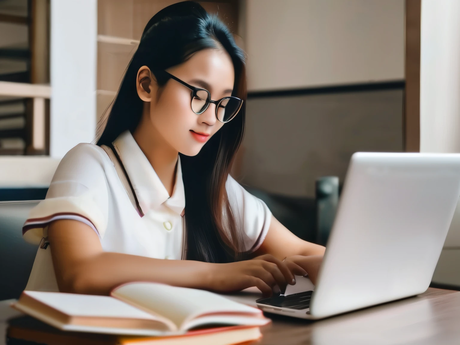 Online tuition girl studying using laptop and books on table, girl white dress and specs