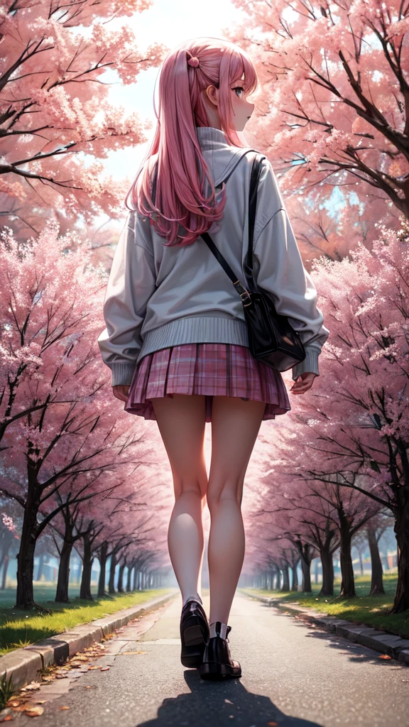 masterpiece, best quality, ultra-detailed, illustration, wide angle, 1girl stand in the middle of road, solo, road in the middle and pink cherry trees on roadside, full body, 20 yo, pink hair, sweater, short skirt, fashion,, composition, balance, harmony, rhythm, color, light, shadow, reflection, refraction, tone, contrast, foreground, middle ground, background, naturalistic, figurative, representational, back turned