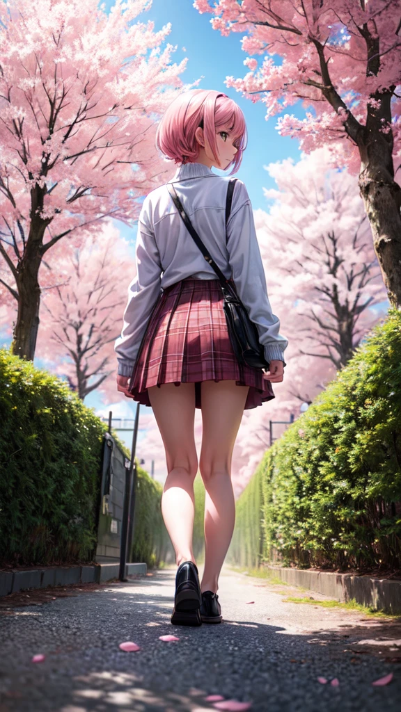 masterpiece, best quality, ultra-detailed, illustration, wide angle, 1girl stand in the middle of road, solo, road in the middle and pink cherry trees on roadside, full body, 20 yo, pink hair, sweater, short skirt, fashion,, composition, balance, harmony, rhythm, color, light, shadow, reflection, refraction, tone, contrast, foreground, middle ground, background, naturalistic, figurative, representational, back turned