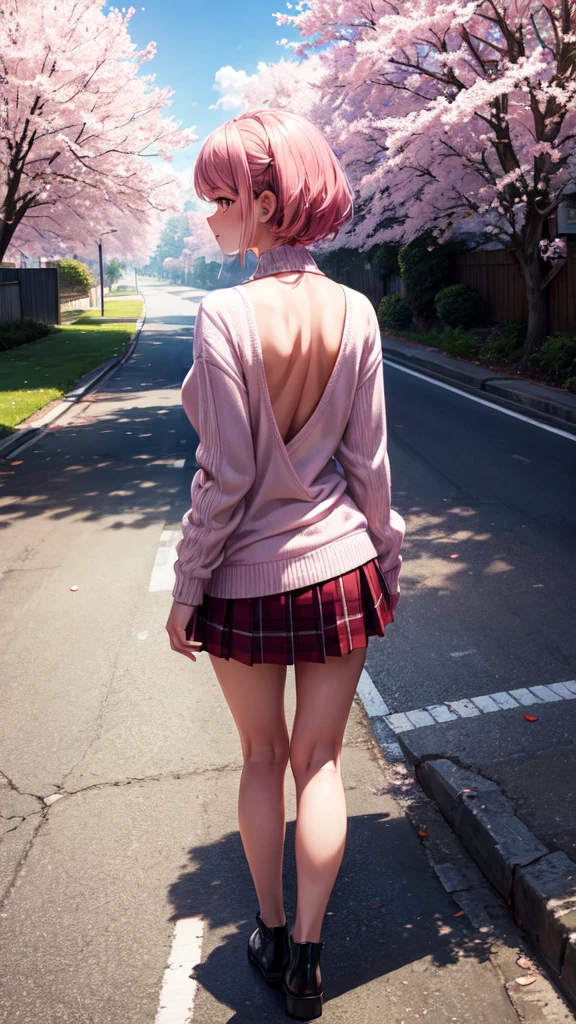 masterpiece, best quality, ultra-detailed, illustration, wide angle, 1girl stand in the middle of road, solo, road in the middle and pink cherry trees on roadside, full body, 20 yo, pink hair, sweater, short skirt, fashion,, composition, balance, harmony, rhythm, color, light, shadow, reflection, refraction, tone, contrast, foreground, middle ground, background, naturalistic, figurative, representational, back turned 