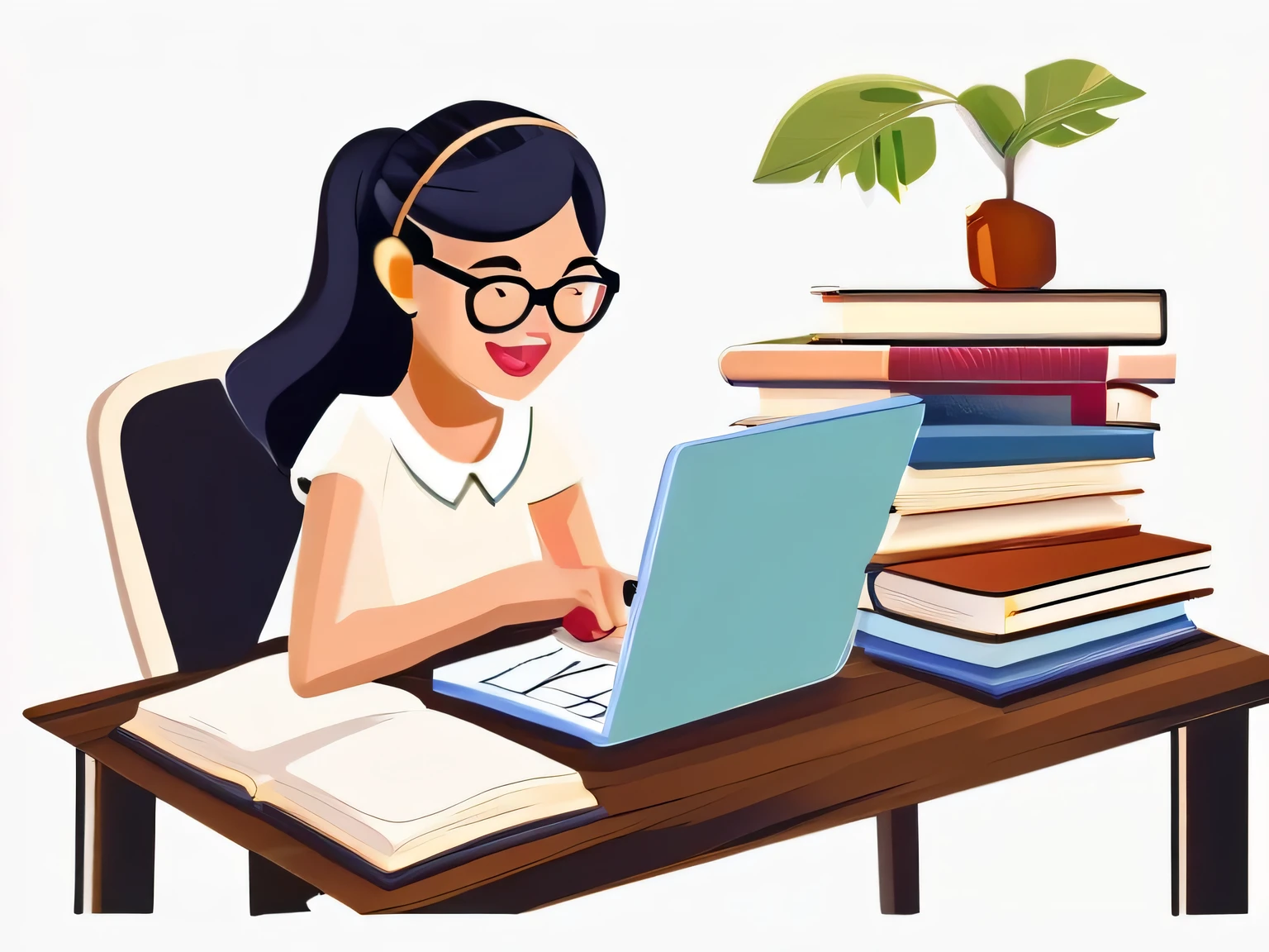Online tuition girl studying using laptop and books on table, girl white dress and specs 